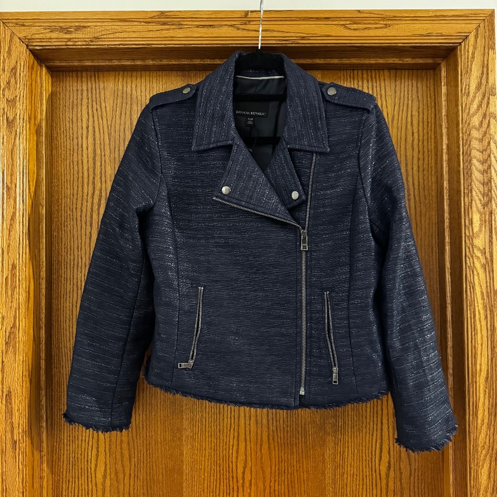 Blue metallic moto inspired jacket